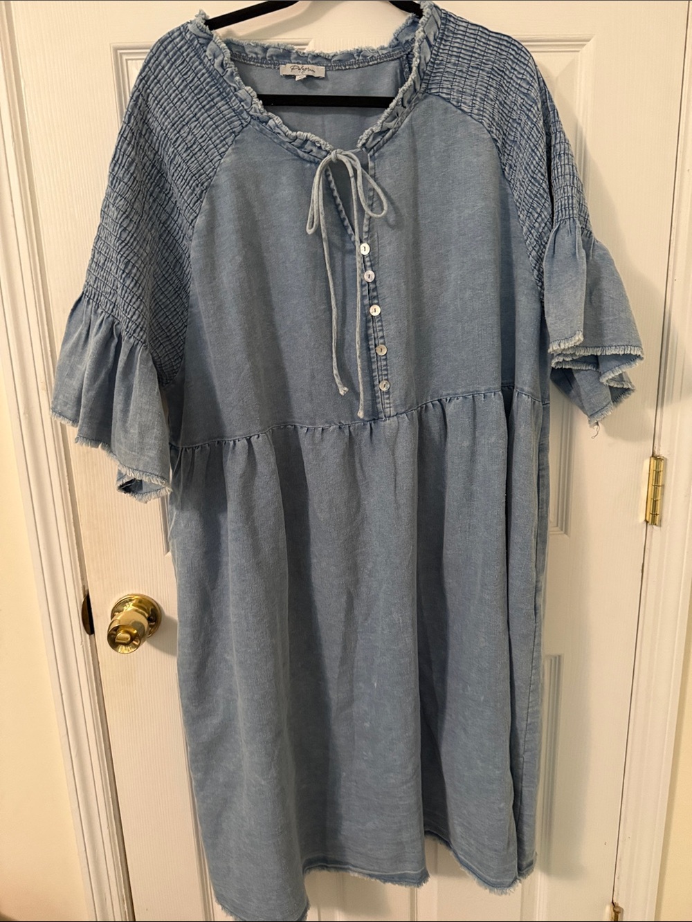 Polagram Powder Blue Smocked Sleeve Midi Babydoll Dress